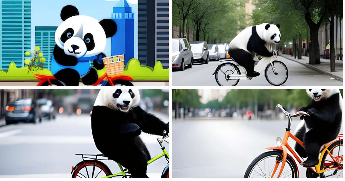 街の中を自転車で走るパンダ